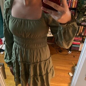 Francesca's Collections Olive Green Puff-Sleeve Smocked Dress